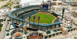 Aerial view of Comerica Park in downtown Detroit
